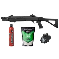 FABARM 33" Compact Gas Pump Airsoft Shotgun Bundle w/ Green Gas, BBs & Dot Sight, Black
