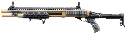 Golden Eagle M8875 3/6-Shot Pump Action CO2 Airsoft Shotgun w/ Flip Up Sights, M-LOK, Picatinny Rail & M4 Buffer Stock, Tan