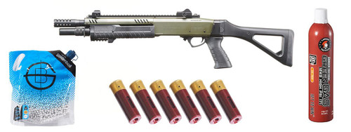 BO Manufacture Fabarm 33" Compact Gas Pump Airsoft Shotgun w/ Green Gas & Shell Combo, OD Green