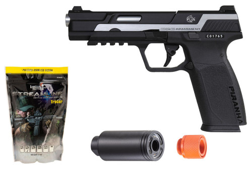 G&G Piranha MK1 GBB Airsoft Pistol w/ Tracer & BB Bundle, Black/Silver