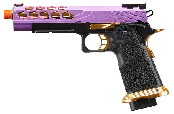 Lancer Tactical Stryk Hi-Capa 5.1 Gas Blowback Airsoft Pistol, Black, Purple & Gold