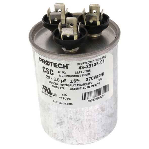 Rheem 43-25133-01 Capacitor (370v, Round, 25/3MFD)