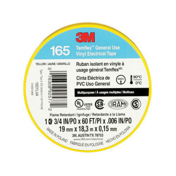 Temflex 165YL4A; 7100169490 Electrical Tape (Yellow, PVC, 60ft x 3/4in)