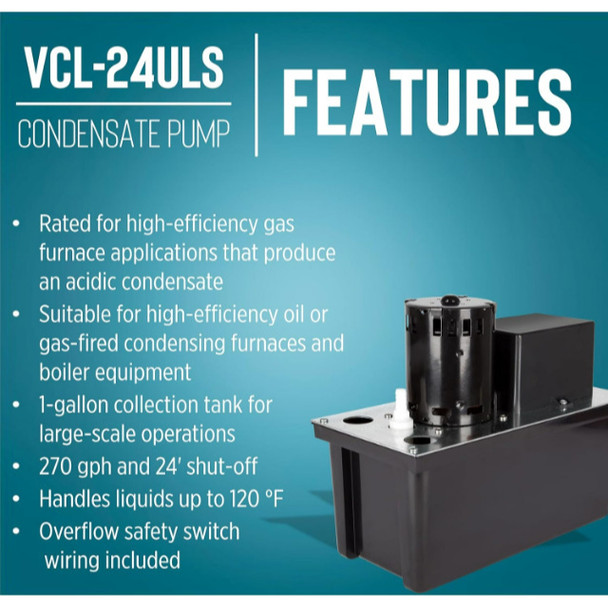Little Giant 553201; VCL-24ULS Condensate Pump (Black, 115v, 2.5A, 1/18hp, 270GPH)
