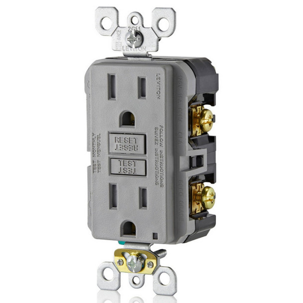 Leviton GFTR1-GY Duplex Receptacle (Gray, 125VAC, 15A, 2P, 3W)