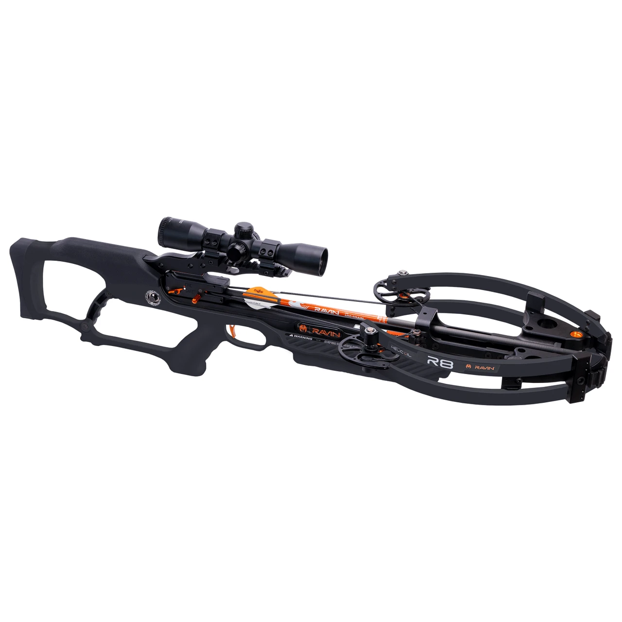 Ravin R8 420 FPS Versa-Draw Silent Cocking Trac-Trigger Helicoil Black Crossbow w/100-yard Scope & .003 Arrows R007