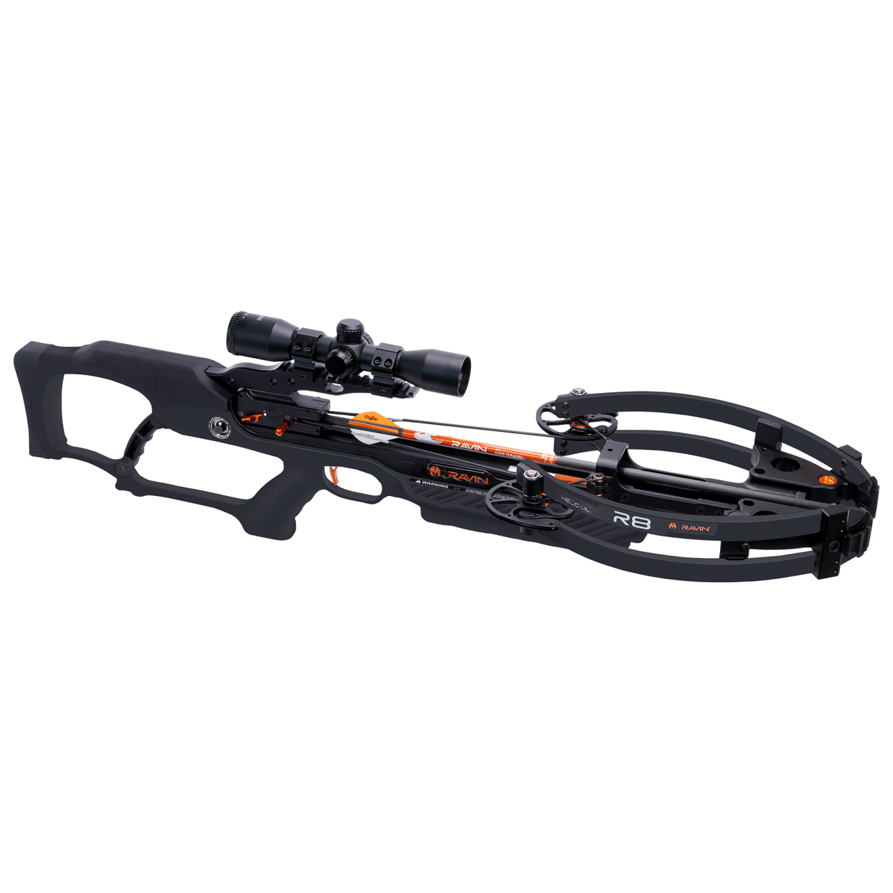 Ravin R8 420 FPS Versa-Draw Silent Cocking Trac-Trigger Helicoil Black Crossbow w/100-yard Scope & .003 Arrows R007