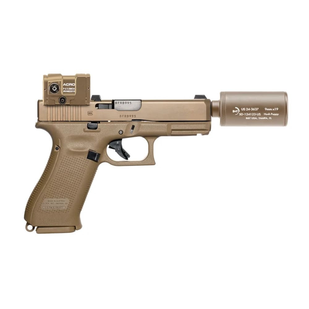 B&T Glock 19X 9x19mm 4" Bbl Aimpoint ACRO P-2 Red Dot Hush Puppy Suppressor Tan Pistol Kit No Ammo Hush Puppy Kit BT-HUSH-PUPPY-FDE-CT-CSTM