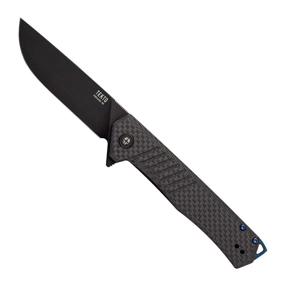 Tekto F1 Alpha Black D2 Blade Carbon Fiber Handle Blue Accents Fine Edge Folding Knife F1R-CFBK-D2BK1-A2