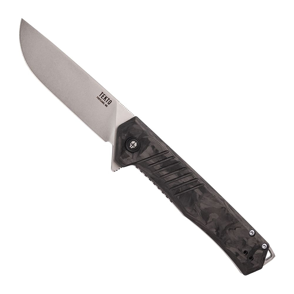 Tekto F1 Alpha Silver D2 Blade Forged Carbon Handle Silver Accents Fine Edge Folding Knife F1R-CCBK-D2SI1-A4