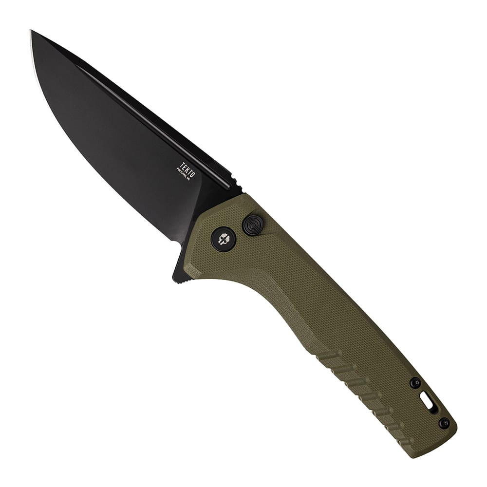 Tekto F3 Charlie Black D2 Blade OD Green G10 Handle Black Accents Drop Lock Fine Edge Folding Knife F3R-G1OD-D2BK1-A1