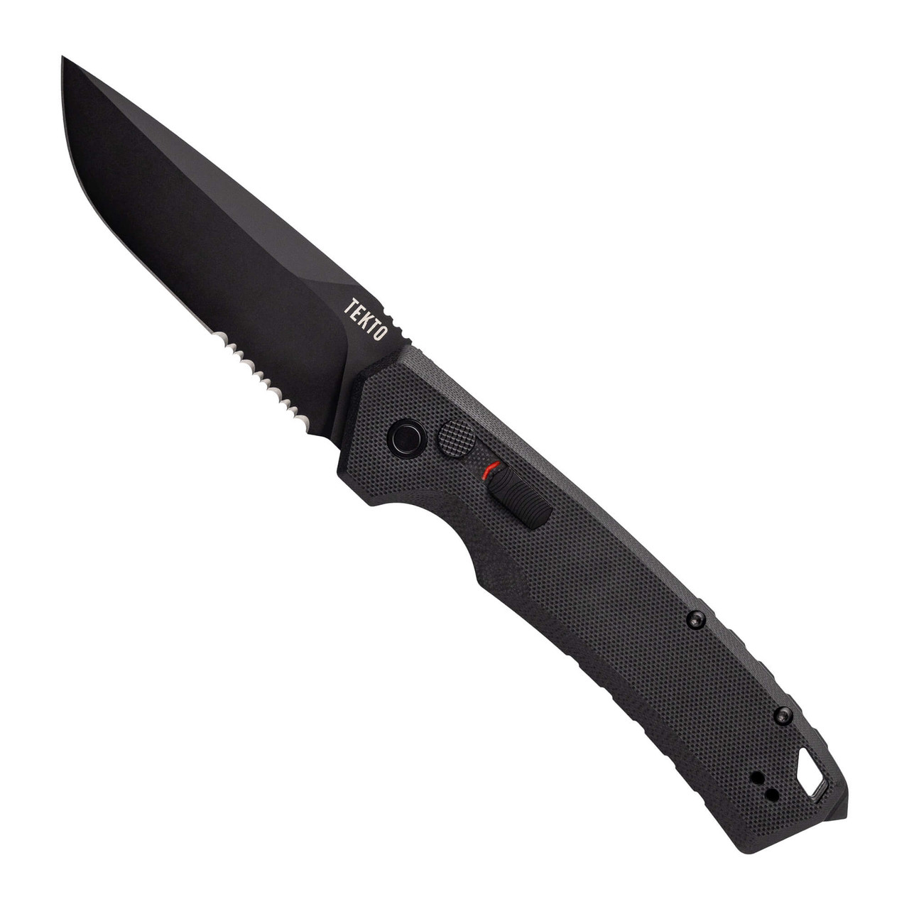 Tekto A3 Delta Black D2 Drop Point Blade Black G10 Handle Black Accents Serrated Automatic Knife A3R-G1BK-D2BK1S-A1
