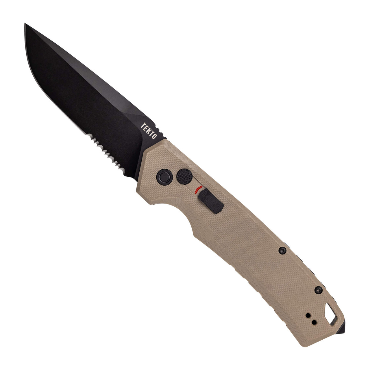 Tekto A3 Delta Black D2 Drop Point Blade Desert G10 Handle Black Accents Serrated Automatic Knife A3R-G1DS-D2BK1S-A1