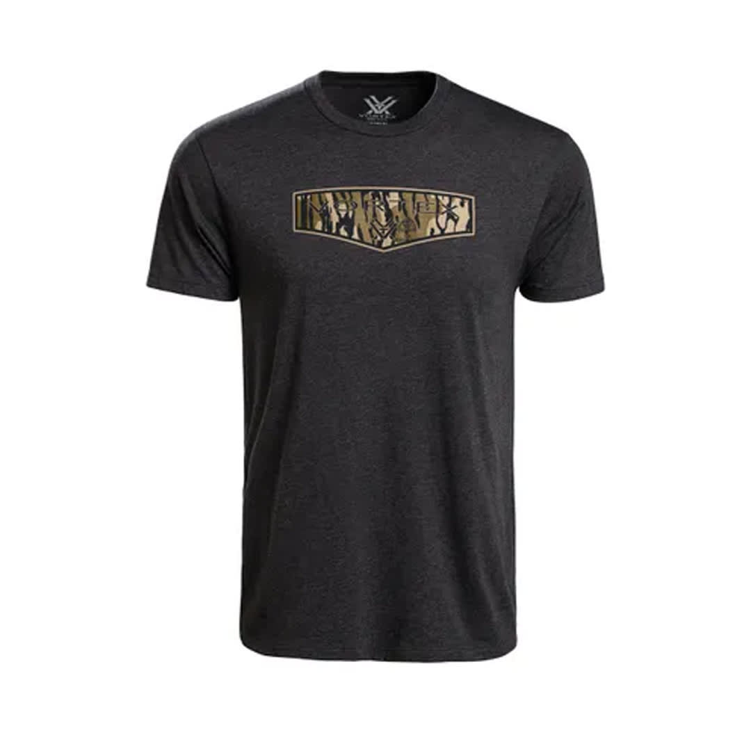 Vortex Optics Mossy Oak Bottomland Camo Shield Logo SS T-Shirt Charcoal Heather Men's Size L 126-30-CHHL