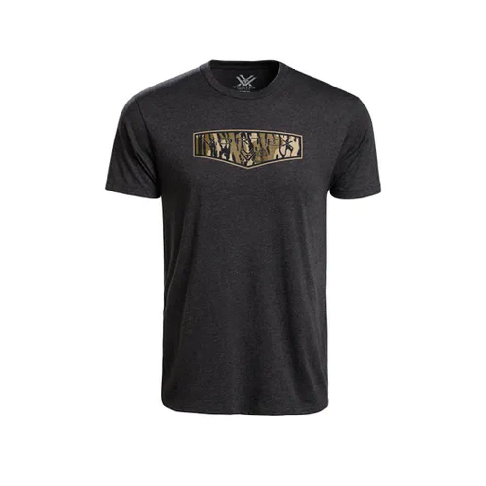 Vortex Optics Mossy Oak Bottomland Camo Shield Logo SS T-Shirt Charcoal Heather Men's Size M 126-30-CHHM