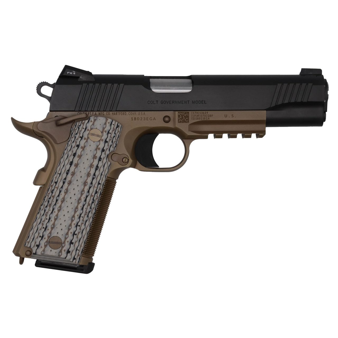 Colt 1911 Custom CQB Govt Model Rail .45 Auto 5" NM Bbl Ser 80 Rail Black Slide FDE Frame Pistol w/Pelican Case, Cleaning Kit, & Spare Mag O1070CQB-FB