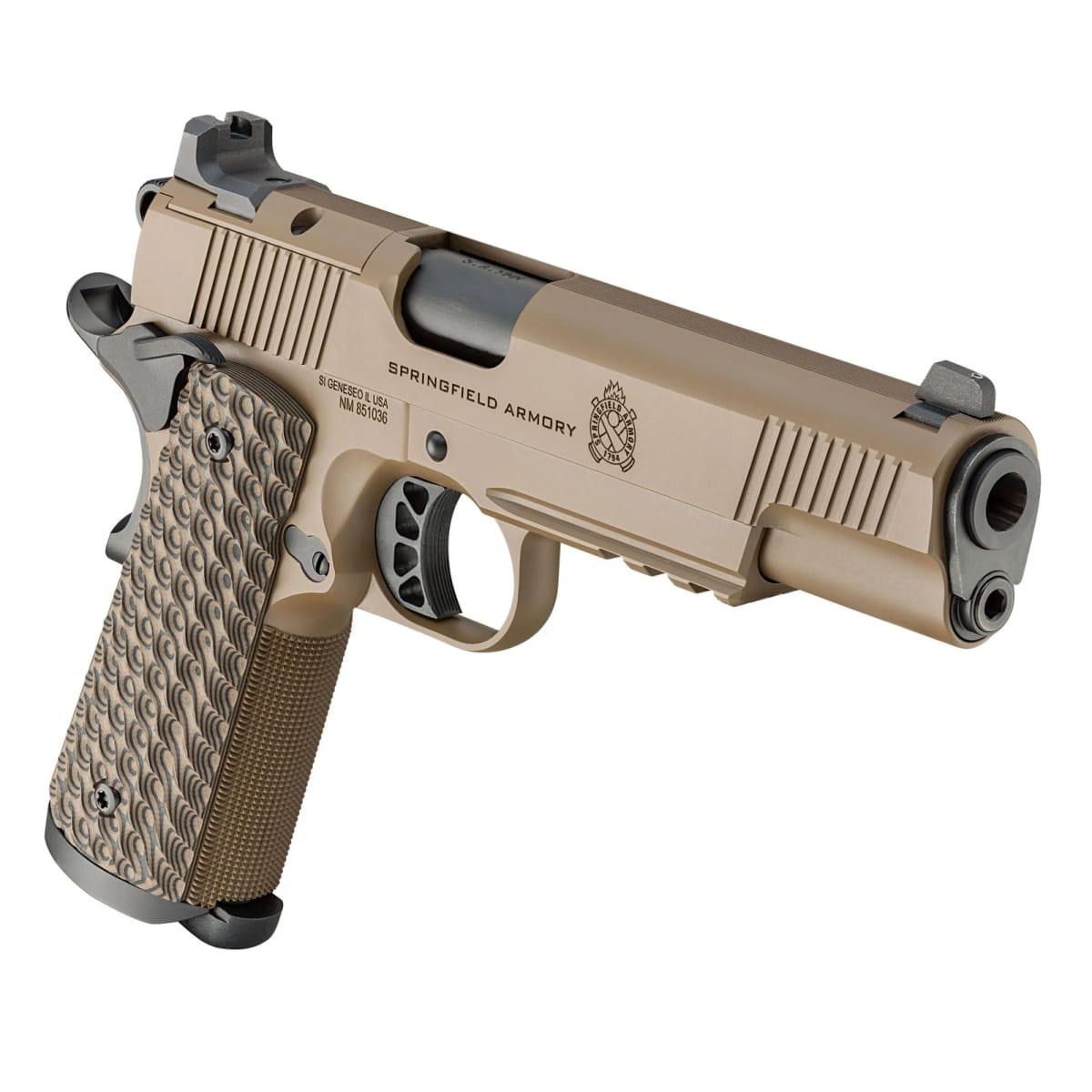 Springfield Armory 1911 Tactical Response 9mm 5" Bbl Coyote Brown Handgun w/ AOS Plate, U-Notch Tritium Sights, Light Rail, 3x9rd Mags PC9129LRCBAOS