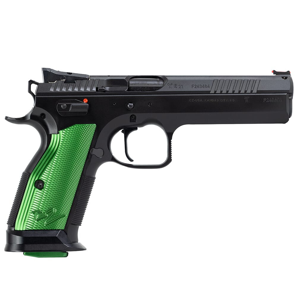 CZ-USA TS 2 Racing Green 9mm 20rd Blk Handgun w/Polycoat Steel, FO Front/Height Adj Only Rear, Green Alum Grips, Thumb Rest 91224