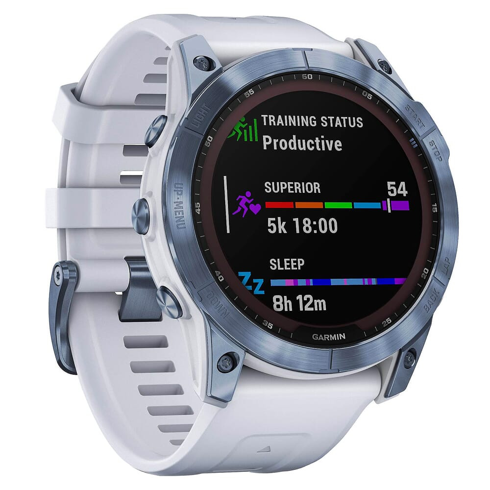 Garmin fenix 7 Sapphire Solar Mineral Blue DLC Titanium w/Whitestone Band Smartwatch 010-02540-24