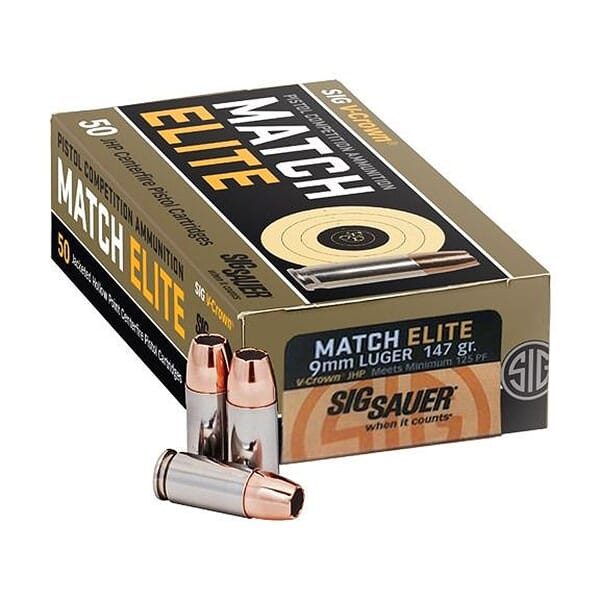 Sig Sauer Ammo 9mm 147gr Elite V-Crown Competition JHP 50/Box E9MMA3-COMP-50