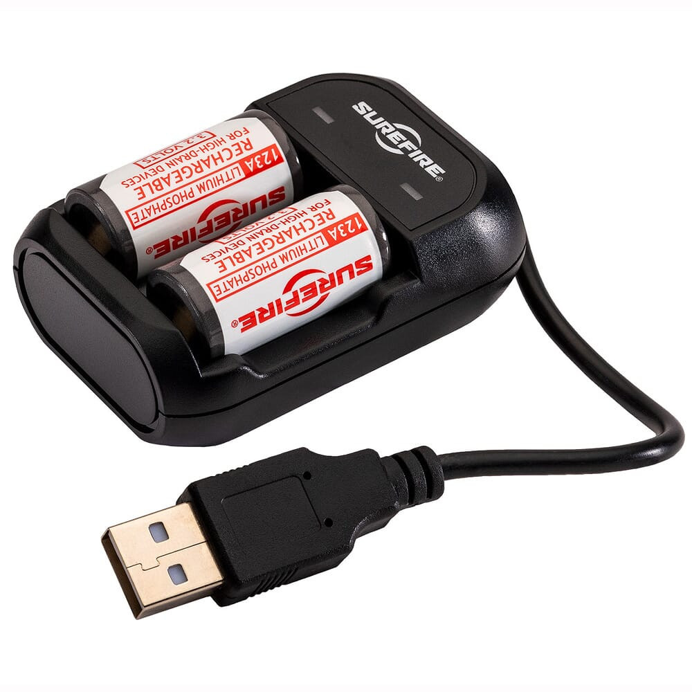 SureFire LiFePO4 Lithium Iron Phosphate 450mAh 3.2V 2ct Rechargeable Battery Cells w/Dual-Bay Charger & MICRO-USB to USB-A Cable SFLFP123-KIT