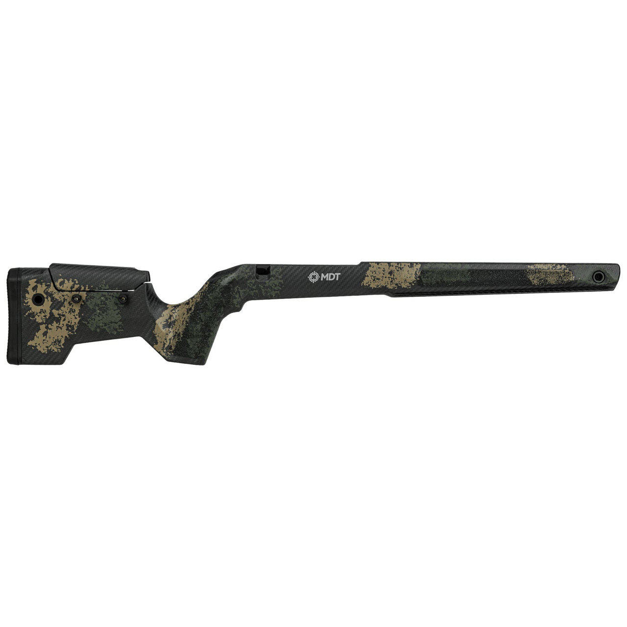 MDT CRBN Tikka T3X Short Action RH Fixed ARCA Highland Green and Flat Dark Earth Chassis System 114849-HGF