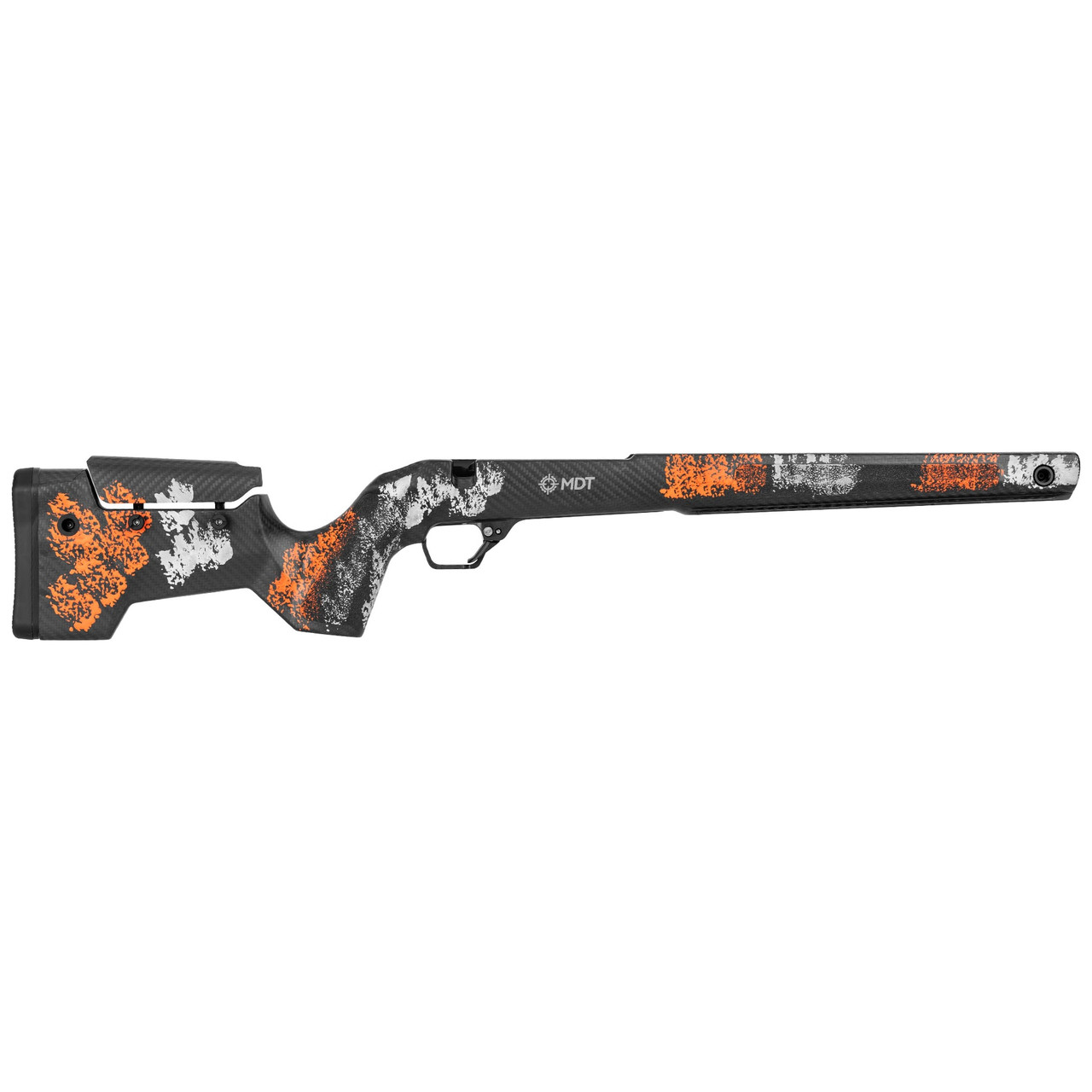 MDT CRBN Tikka T3X Long Action RH Fixed ARCA Bottom Metal Hunter Orange and Grey Hunter Kit Chassis System 116132-HOG in Orange/black