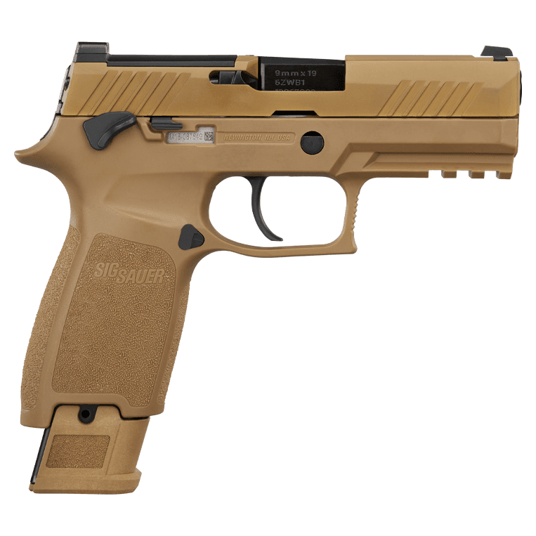Sig Sauer M18 MA Compliant 9mm Luger 3.9" Bbl Striker Siglite Rail Manual Safety Modular Polymer Grip Coyote Pistol w/(3) 10rd Mags M18-9-CSS-MS-MA