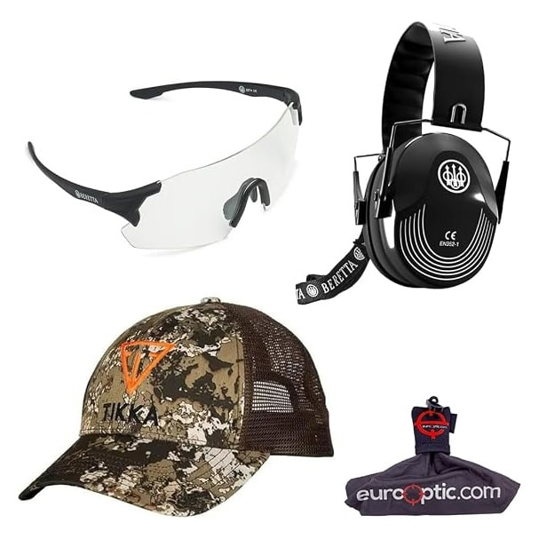 Beretta Challenge EVO Shooting Glasses w/Neutral Lens, Beretta Black Safety Pro Earmuff, & Tikka Wideland Trucker Hat Bundle OC061A2854014HUNI-KIT-HAT