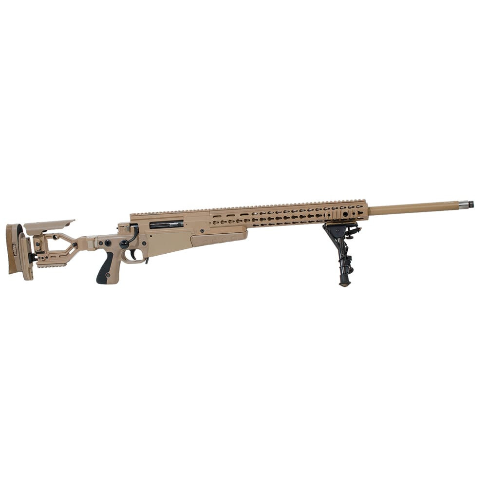 Accuracy International AX 338 Pale Brown chassis 27 inch barrel, AI Thread, No brake - Includes one 26 in 300 win. mag barrel 5/8x24 threads, one 21 in 6.5 creedmore 5/8x24 threads. Two mags each caliber. Mag adapter. Three bolts. Harris bipod,