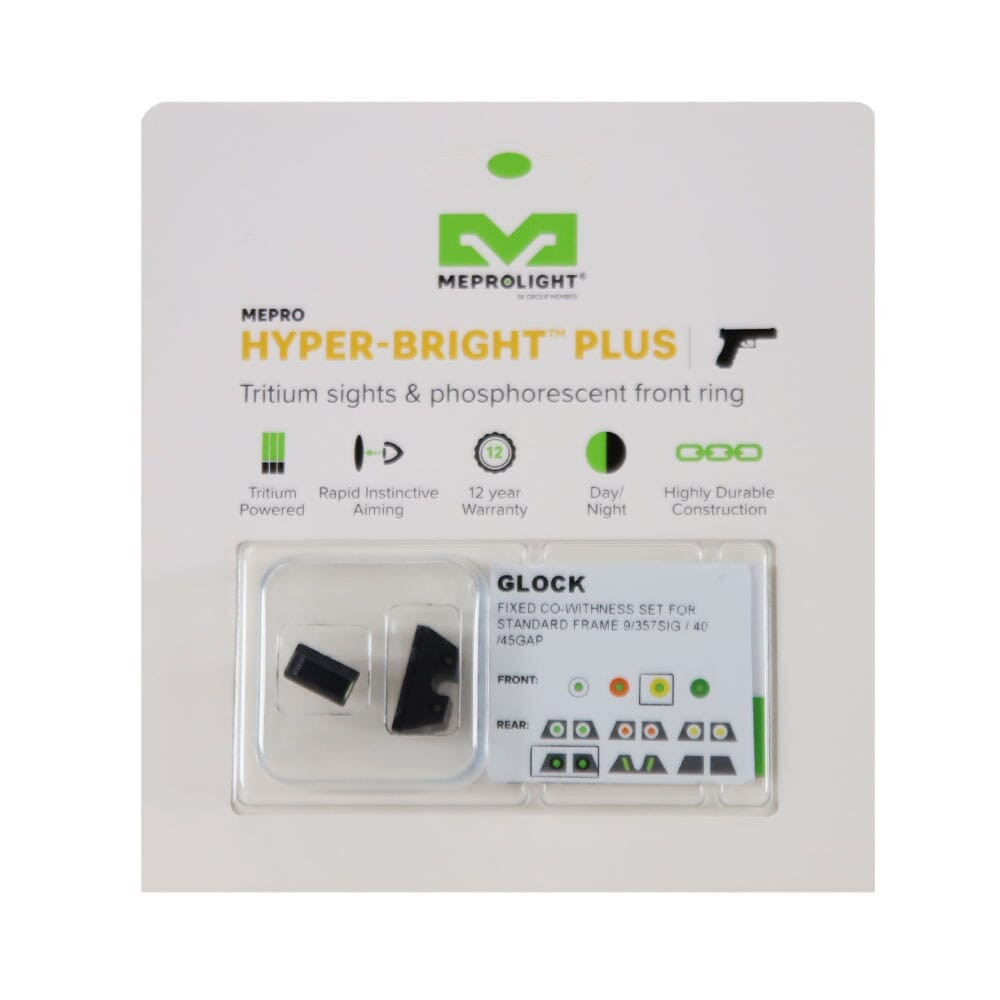 Meprolight USA Meprolight Hyper-Bright Plus Co-Witness Glock Std Frame 9/357SIG/40/45GAP Yellow Ring/Green Fixed Pistol Sight Set 040224318021