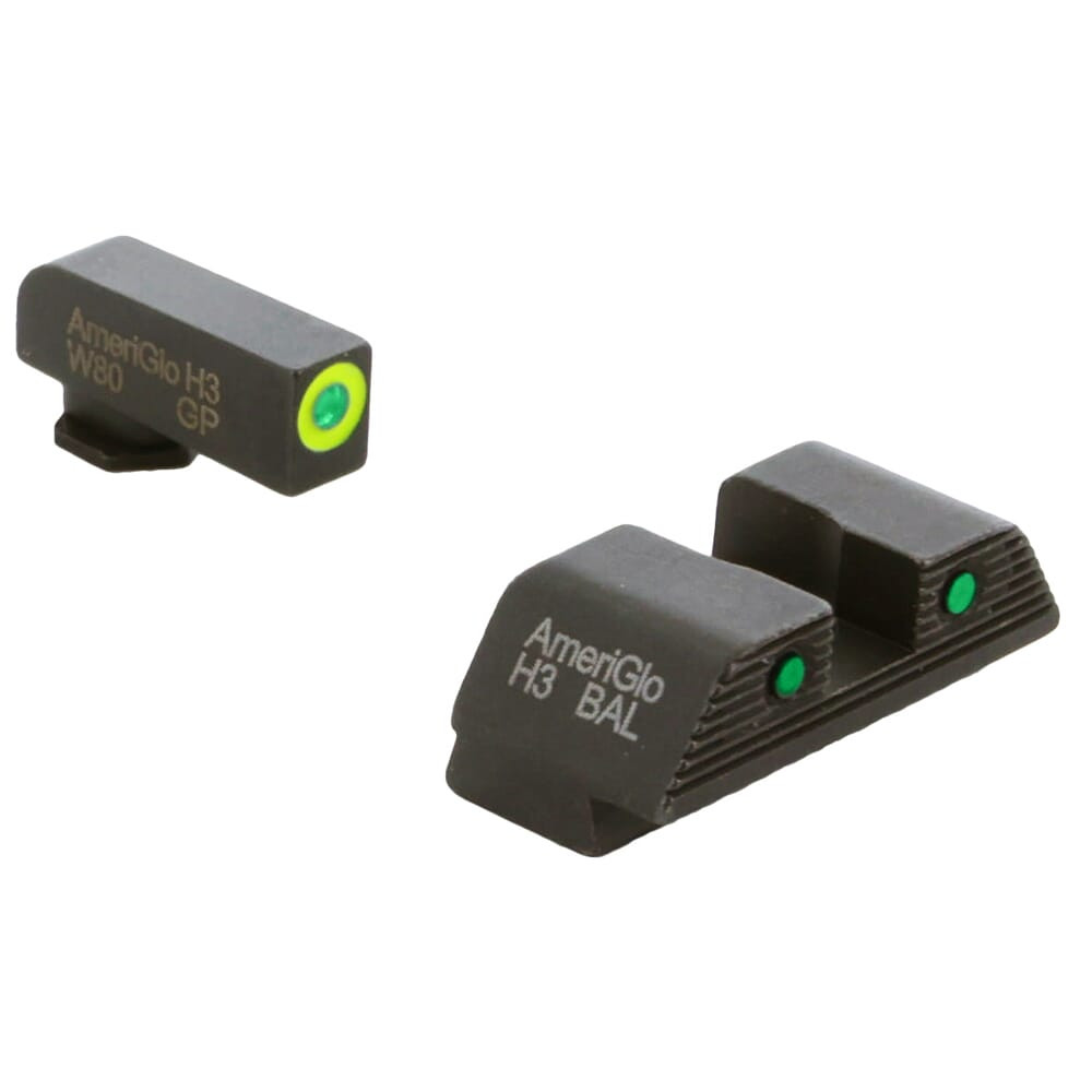 AMERIGLO Trooper, Glock Gen 1-4 17,19,22,23,24,26,27,33,34,35,37,38,39 , Green Tritium LimeGreenLumi Outline FRONT, Green Tritium Black Outline Serrated SQ REAR (GL-819)