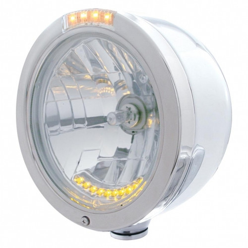 Stainless Steel Bullet Half Moon Headlight H4 With 10 Amber LED & Dual Mode LED Signal-Clear Lens