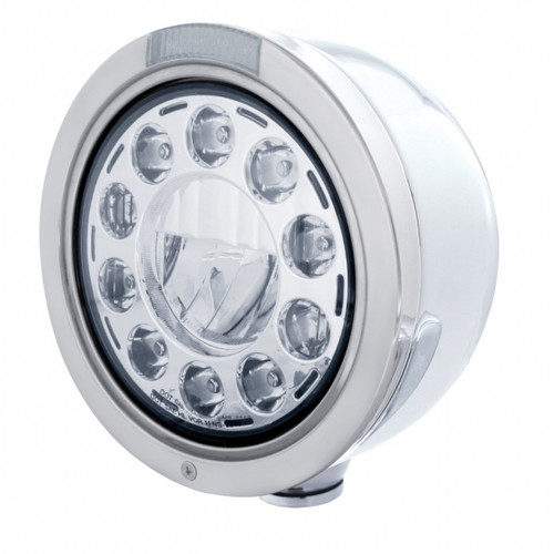 Stainless Bullet Half Moon Headlight 11 LED Bulb & Dual Mode LED Signal - Clear Lens