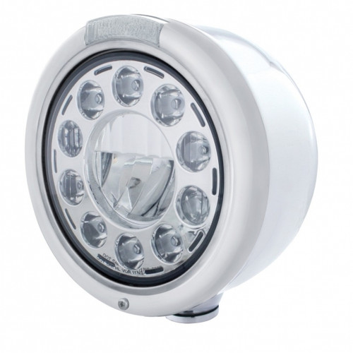 Stainless Classic Half Moon Headlight 11 LED Bulb & Dual Mode LED Signal-Clear Lens