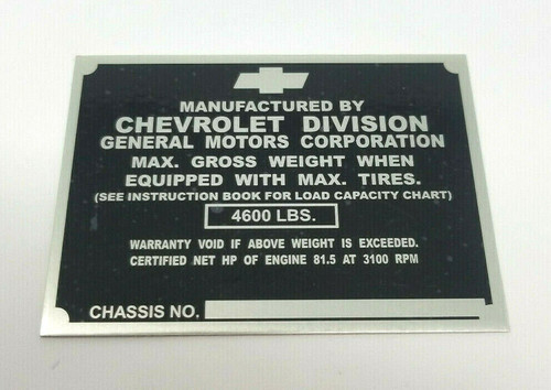 Chevrolet ID Plate 1/2 Ton 81.5 HP 3100 Series 1942-1946 STAMPED