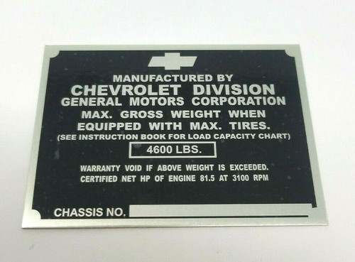 Chevrolet Identification Plate 1/2 Ton 81.5 HP 3100 Series 1942-1946 NON STAMPED