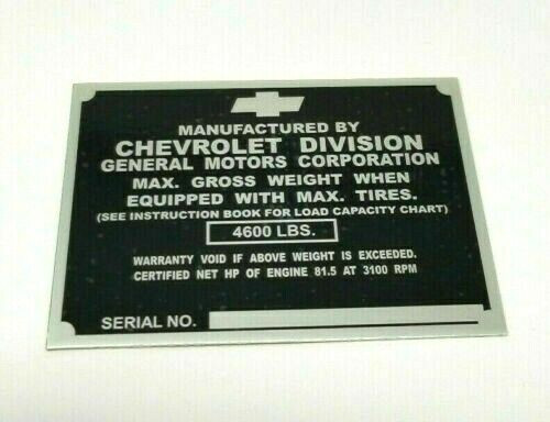 Chevy 1/2 Ton Truck ID Identification Tag Left Door Post 1947-1949 STAMPED