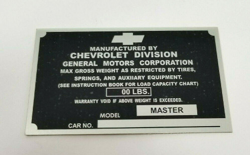 Chevrolet Chevy 1/2 Ton Pickup Truck ID Identification Plate 1939-1941 STAMPED