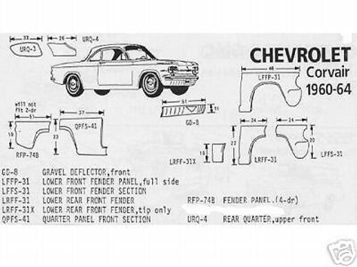 Chevrolet Chevy Corvair Quarter Panel Rear Section, Left 60,61,62,63,64 Schott
