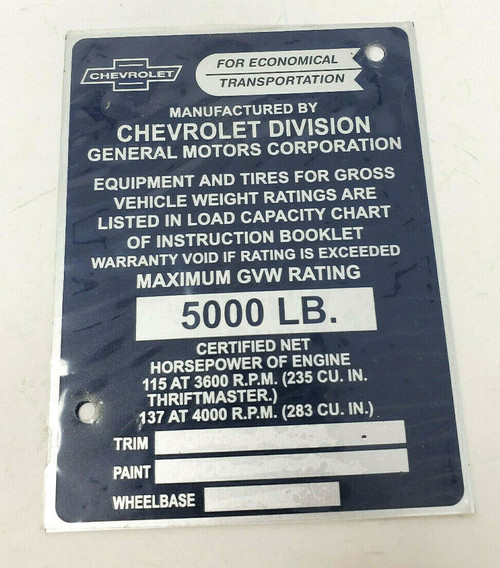 Chevrolet Pickup Truck Identification Plate 1/2 Ton 1958 - 1959 NON STAMPED