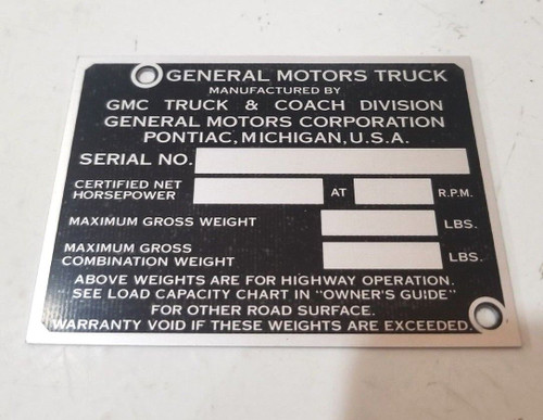 GMC Truck ID Tag For Left Door Post - All Gross Weights 1953-1955  STAMPED