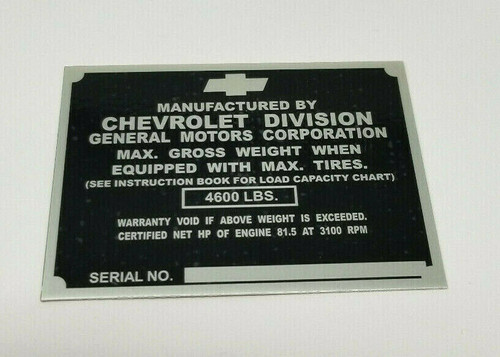 Chevy 1/2 Ton Truck Identification Tag For Left Door Post 1947-1949  STAMPED