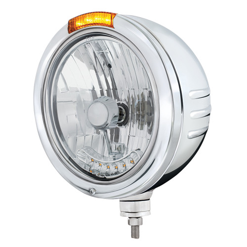 SS Bullet Embossed Stripe Headlight H4 With 6 Amber LEDs & Dual Mode LED Signal -Amber Lens