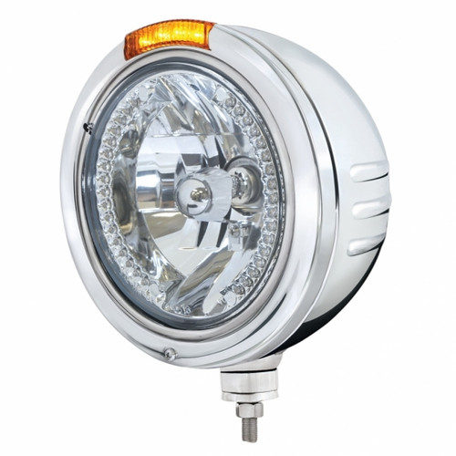 Stainless Steel Bullet Embossed Stripe Headlight H4 With White LED & Dual Mode LED Signal - Amber Lens