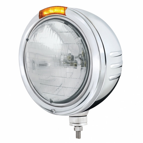 Stainless Steel Bullet Embossed Stripe Headlight H6024 & Dual Mode LED Signal - Amber Lens