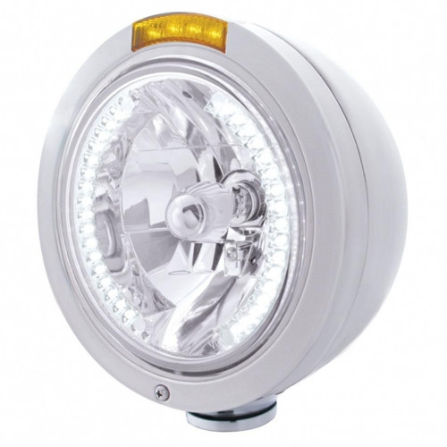 Stainless Steel Bullet Classic Headlight H4 With White LED & Signal - Amber Lens