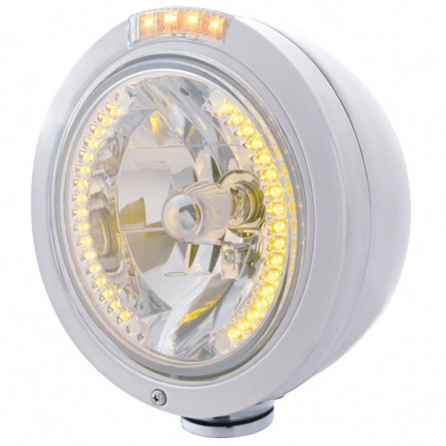 Stainless Steel Bullet Classic Headlight H4 With Amber LED & Signal - Clear Lens