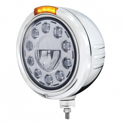 Stainless Steel Classic Embossed Stripe Headlight 11 LED Bulb & Dual Mode LED Signal - Amber Lens