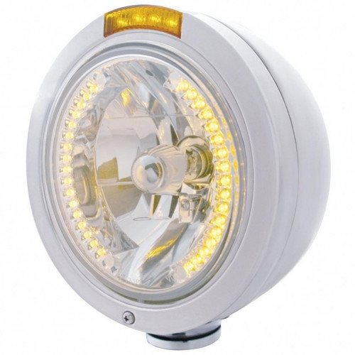 Stainless Steel Bullet Classic Headlight H4 With Amber LED & Signal - Amber Lens